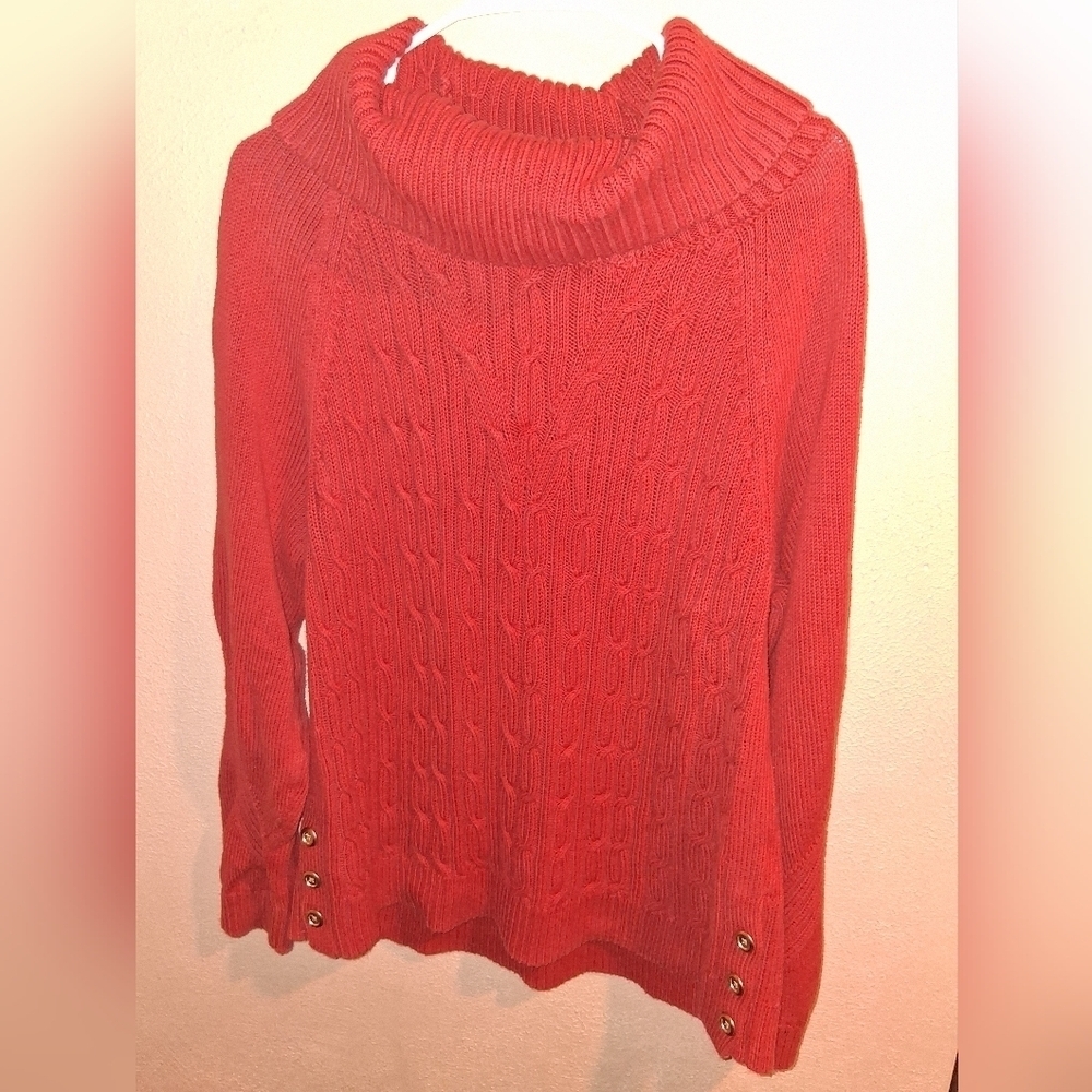 Talbots Chunky Cowl Neck Cable Knit Sweater Burnt Orange 100% Cotton XL
